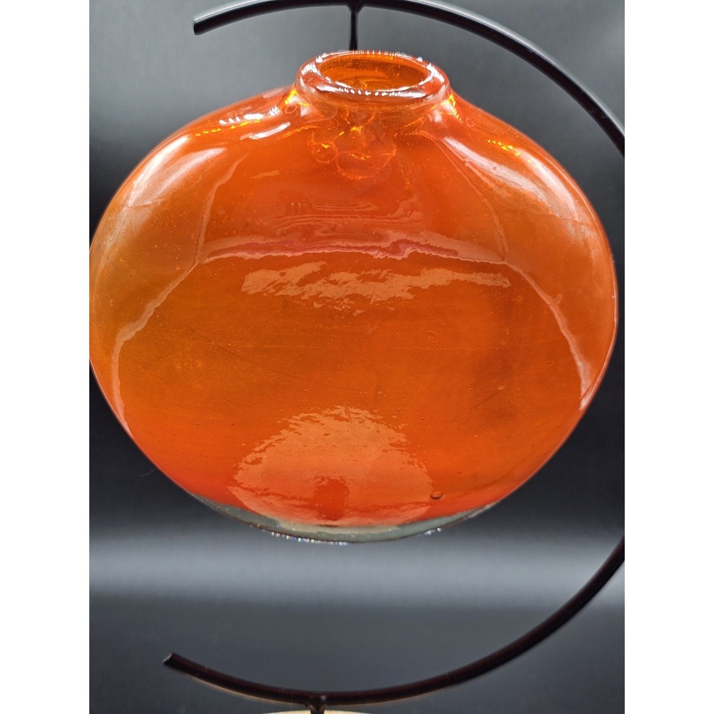 Blenko Style Hand Blown Orange Art Glass Hanging Vase Sun Catcher Unique Heavy